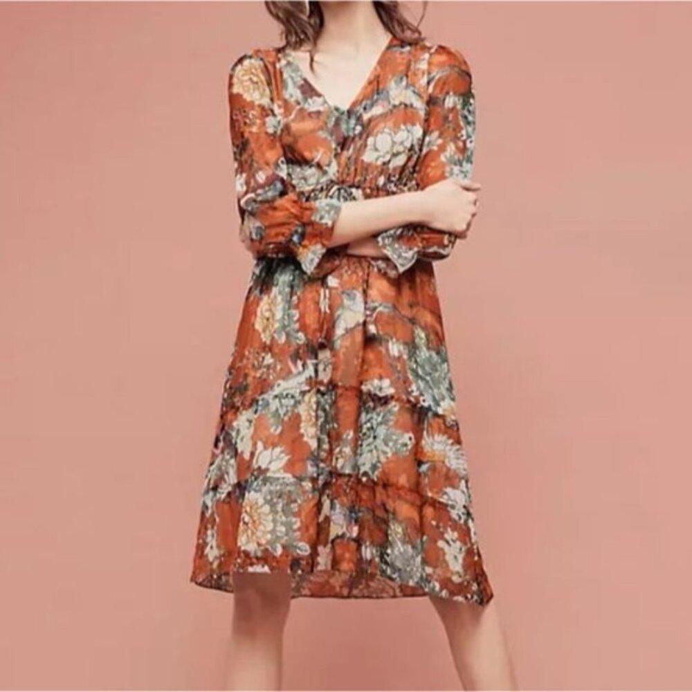Hemant & Nandita For Anthropologie Zeri Floral Tiered Peasant Dress 0 - Picture 1 of 13